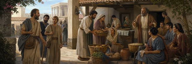 Household stewards sharing provisions while a travel-worn apostle enters a Corinthian courtyard